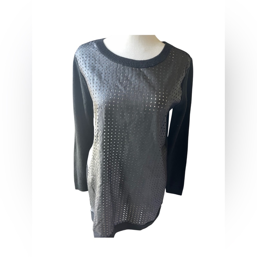 Women’s Size PS Black Faux Leather Front Knit Sweater By Halogen With Cutouts